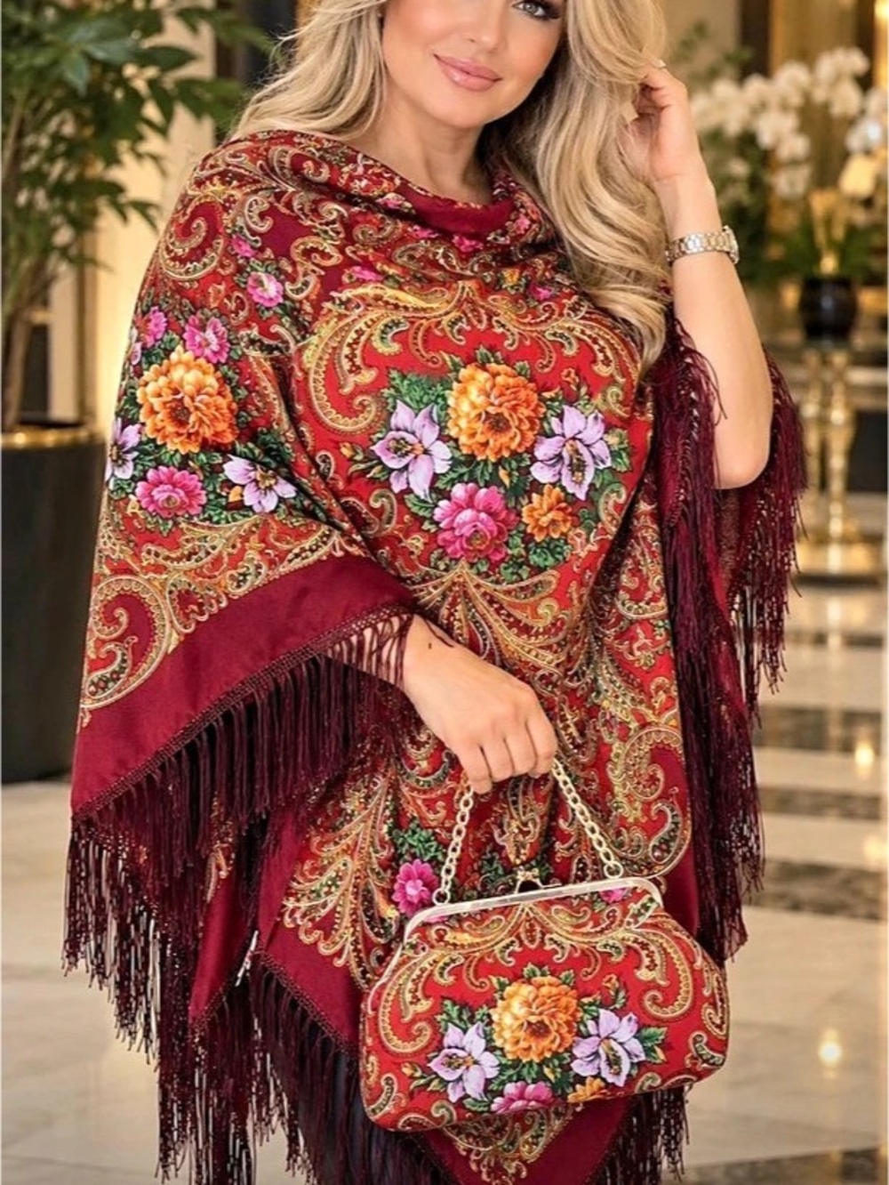 Floral Fringe Shawl in Red & Pink